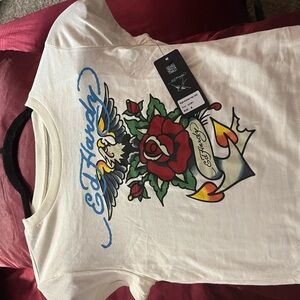 Ed Hardy Cream Tee with Rose and Banner Design